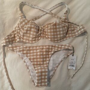 Tan and White Gingham Bikini Set S/M